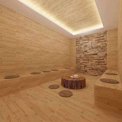 Shower Sauna Interior Design With Wooden Walls Stone Wall And Circular Stone Mats 3d model