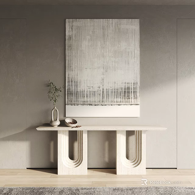 Minimalist Modern Interior Decor With Gray Wall Abstract Painting And White Console Table 3d model