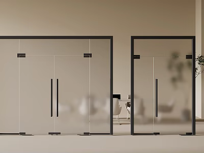 Modern Glass Doors With Black Frames In Minimalist Interior And Green Plant 3d model