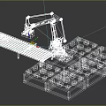 Industrial Equipment Robotic Arm With Conveyor Belt Handling Packages On Blue Pallets