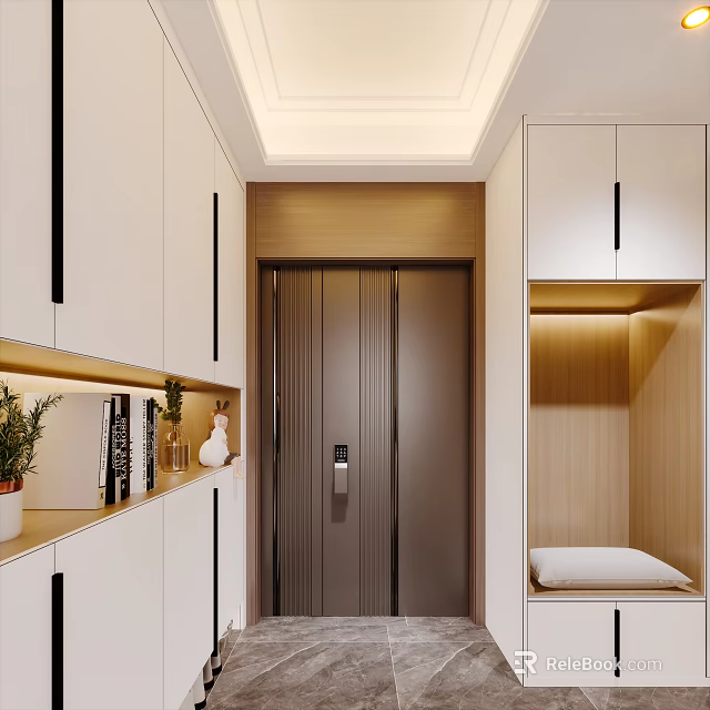 Modern Entryway Hallway With White Cabinets Wooden Elements Lighting Strips And Potted Plant 3d model 