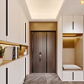 Modern Entryway Hallway With White Cabinets Wooden Elements Lighting Strips And Potted Plant