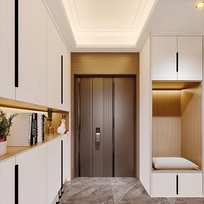 Modern Entryway Hallway With White Cabinets Wooden Elements Lighting Strips And Potted Plant 3d model