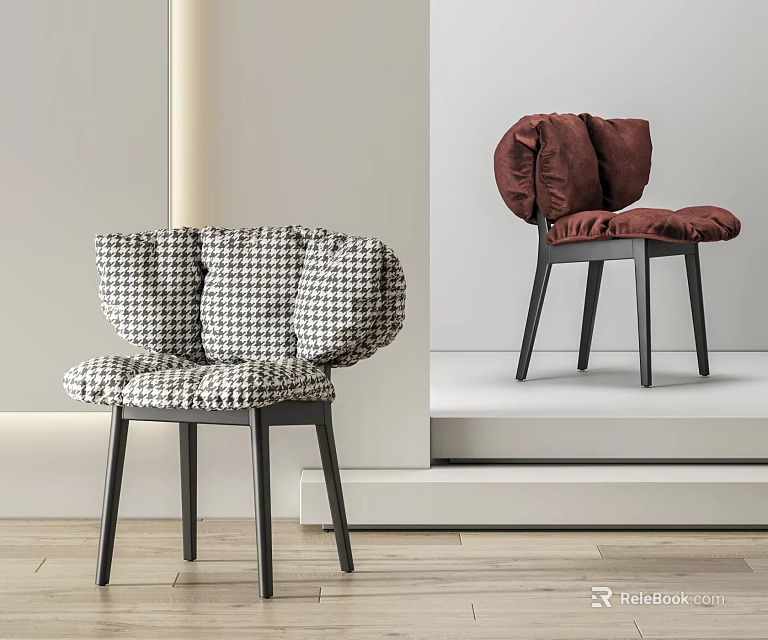 Modern Dining Chairs With Black And White Plaid And Burgundy Velvet Upholstery And Black Legs 3d model 