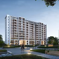 Modern Apartment Building Exterior With Tree Landscaping And Outdoor Seating Areas