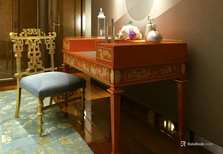 Traditional Chinese Red Dressing Table With Gold Ornate Carvings And Blue Cushioned Chair 3d model 