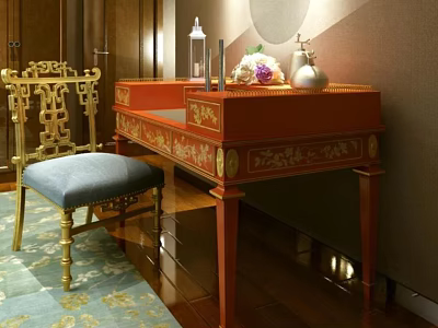 Traditional Chinese Red Dressing Table With Gold Ornate Carvings And Blue Cushioned Chair 3d model