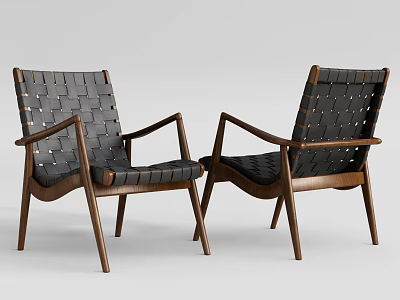 Modern Minimalist Lounge Chairs With Wooden Frame And Black Woven Design 3d model