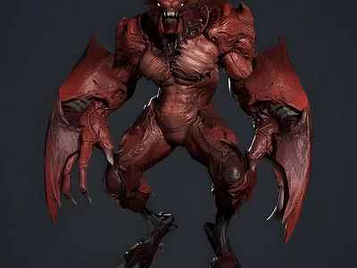 Red Muscular Winged Monster Game Movie Character With Sharp Claws And Fierce Look 3d model