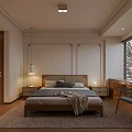 Elegant Modern Bedroom Interior Featuring Wooden Wardrobes Double Windows Writing Desk And Area Rug