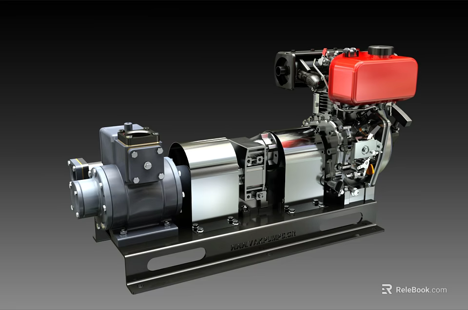 Diesel Generator Engine With Red Fuel Tank Silver Metal Casing And Heavy Duty Base Frame 3d model 