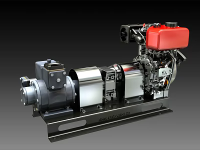 Diesel Generator Engine With Red Fuel Tank Silver Metal Casing And Heavy Duty Base Frame 3d model