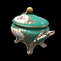 Ornate Green Lidded Ceramic Vessel With Fruit Shaped Handle Golden Accents And Decorative Patterns
