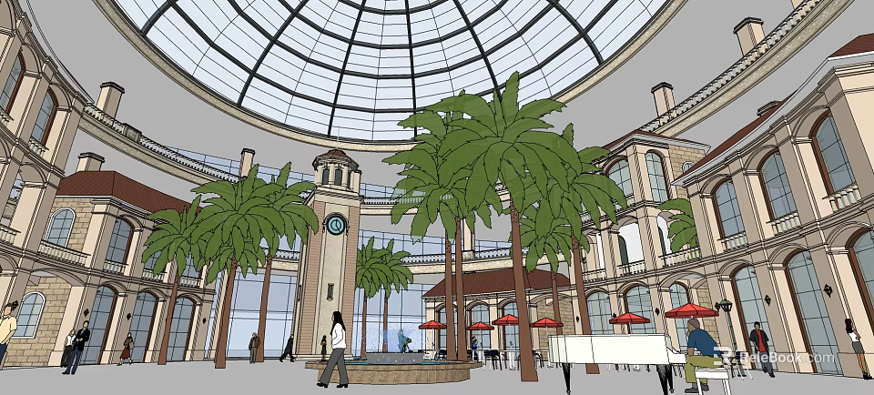 Vibrant Commercial Street With Glass Dome Palm Trees Clock Tower Outdoor Seating And People Walking 3d model 