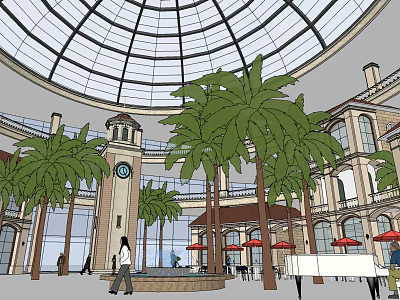 Vibrant Commercial Street With Glass Dome Palm Trees Clock Tower Outdoor Seating And People Walking 3d model