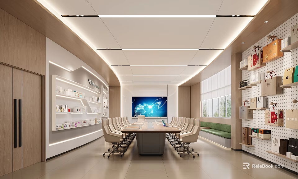 Modern Conference Room With Long Table Comfortable Chairs Large Screen And Display Shelves 3d model 