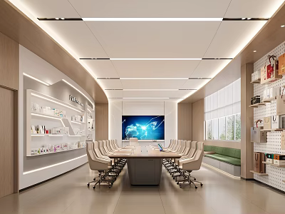 Modern Conference Room With Long Table Comfortable Chairs Large Screen And Display Shelves 3d model