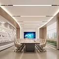 Modern Conference Room With Long Table Comfortable Chairs Large Screen And Display Shelves
