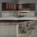 Modern Kitchen Interior With Dark Cabinets Marble Countertop And Stove Appliances