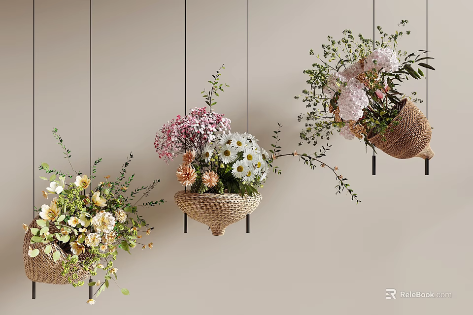 Hanging Woven Vases With Colorful Flowers And Green Leaves For Home Wall Decor 3d model 