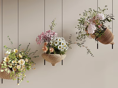 Hanging Woven Vases With Colorful Flowers And Green Leaves For Home Wall Decor 3d model