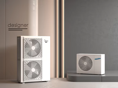 Two Stylish Air Conditioning Fans On Stand And Floor In Minimalist Room With Gray Wall 3d model