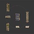 Traditional Architectural Elements Columns Walls Steps And Roof Models With Stone Green Tile Details