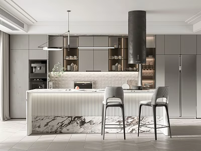 Modern Luxury Kitchen Interior With Marble Island Bar Stools And Gray Cabinets 3d model