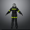 Black Firefighter Uniform With Yellow Reflective Stripes And Protective Helmet