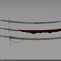 Three Traditional Bladed Weapons With Wooden Handles And Red Silver Blades On