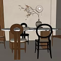 Modern Dining Table Set With Round Top Various Designed Chairs And Decorative Vase 3d model