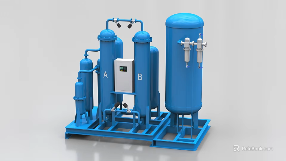 Industrial Equipment System With Blue Cylinders Control Panel Pipes And Base Frame Structure 3d model 