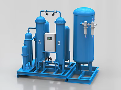 Industrial Equipment System With Blue Cylinders Control Panel Pipes And Base Frame Structure 3d model
