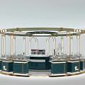 Silver Jewelry Store Circular Booth With Blue Counters Golden Frames And Glass Displays