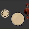 Colorful Drums and Red Easel on Dark Background as Musical Instruments and Art Supplies