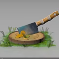 Kitchen Knife with Orange Handle on Wooden Cutting Board and Lemon Slices with Green Grass