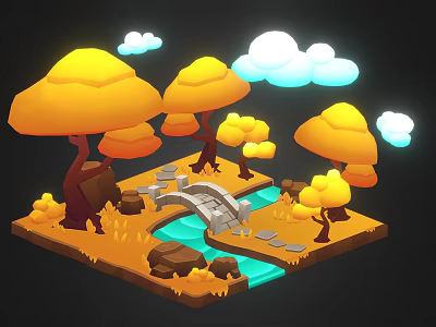 Modern Cartoon Scene Autumn Small Bridge Running Water Game Environment 3d model