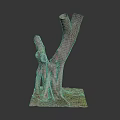 Natural Wood Stump Sculpture With Exposed Roots And Moss On Square Base