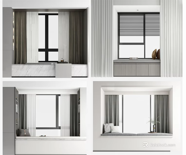 Modern Bay Window Interior With Curtains Marble Countertop Storage And Plants 3d model 