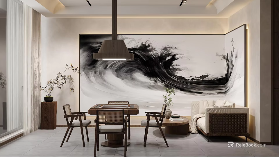 Modern Chinese Mahjong Room Interior With Ink Painting Wall And Wooden Furniture 3d model