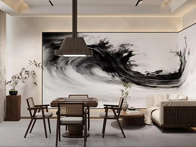 Modern Chinese Mahjong Room Interior With Ink Painting Wall And Wooden Furniture 3d model