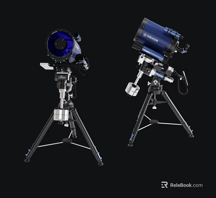 Commercial Astronomical Telescopes With Blue Lens And Dark Blue Tube On Tripod Stands 3d model 