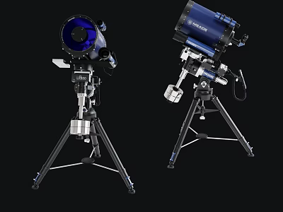 Commercial Astronomical Telescopes With Blue Lens And Dark Blue Tube On Tripod Stands 3d model