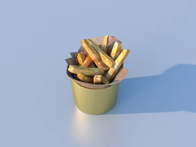 Crispy French Fries Served in Golden Paper Cup on Blue Background 3d model