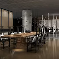 Modern Teahouse Interior Featuring Concrete Column Hanging Decor And Glass Walls
