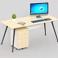 Modern Office Desk With Light Wood Top iMac Notebook Green Plant And Black Legs
