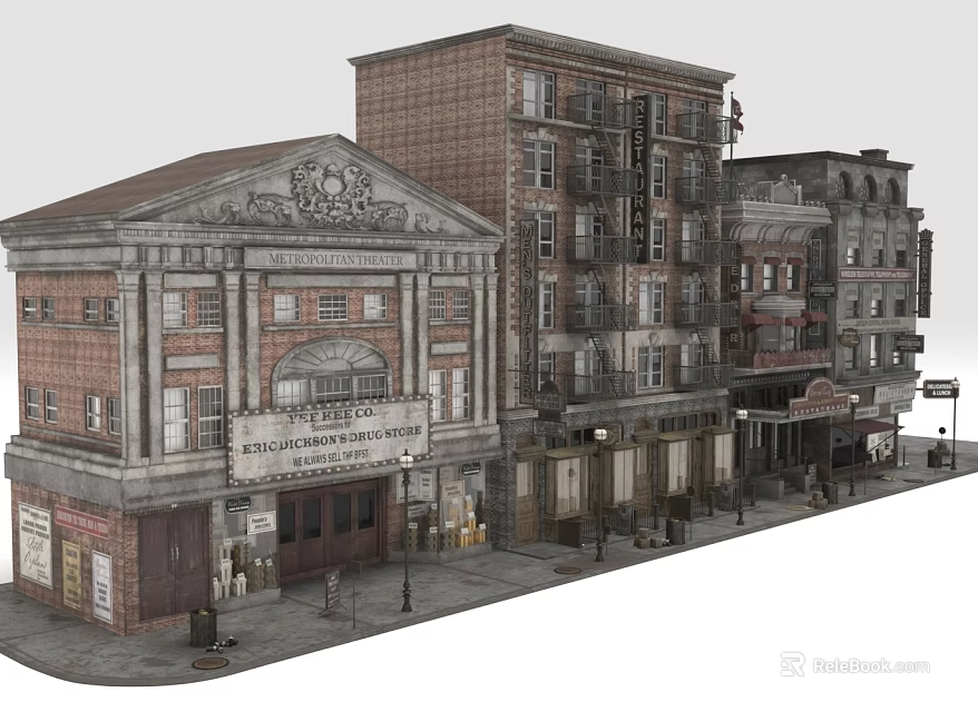 Vintage Urban Street Scene Model With Regal Theatre And Multi Story Brick Buildings 3d model 