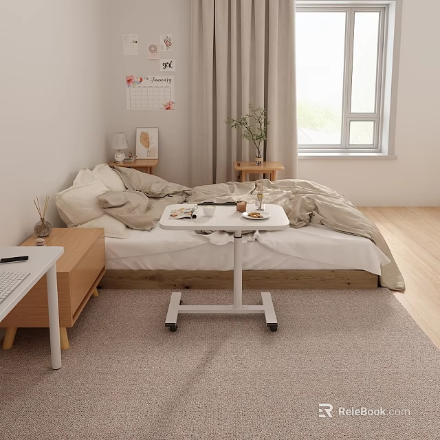 White Mobile Tea Table With Wheels In Bedroom Holding Cup And Tray On Light Carpet 3d model 