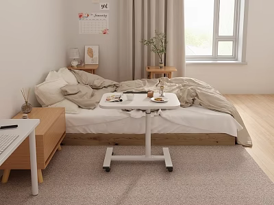White Mobile Tea Table With Wheels In Bedroom Holding Cup And Tray On Light Carpet 3d model