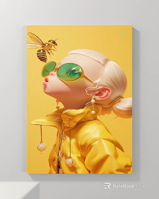 Vibrant Character Portrait With Blonde Ponytail Green Sunglasses Yellow Leather Jacket And Bee 3d model 